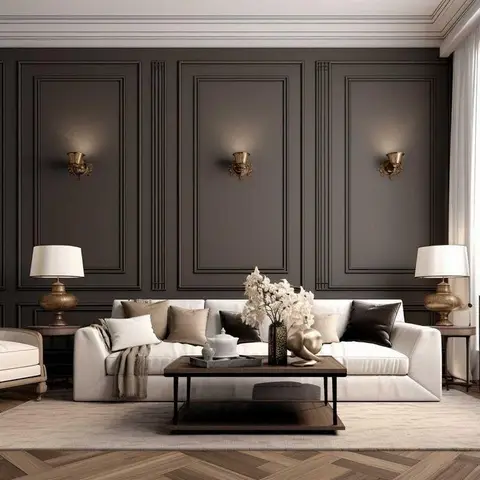 A dark brown moulded wall-panelling backdrop with three symmetrical brass sconces frames a white sofa and wood coffee table on a herringbone floor.