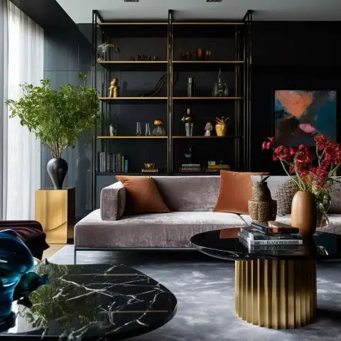 A dark maximalist living room with a brass-and-glass display shelving wall, a velvet sofa with rust cushions