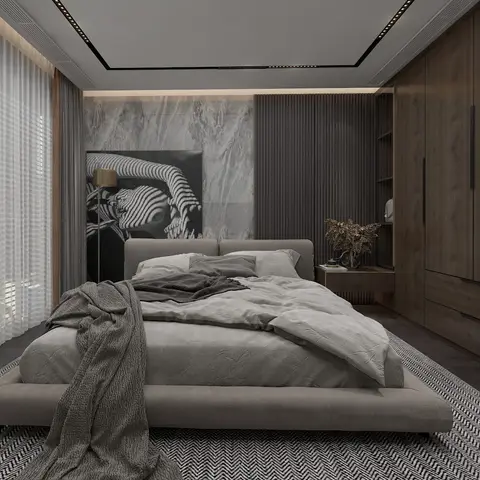 A dark wood-panelled bedroom with a grey upholstered bed, herringbone rug, and a black-and-white photographic artwork above a marble headboard wall.