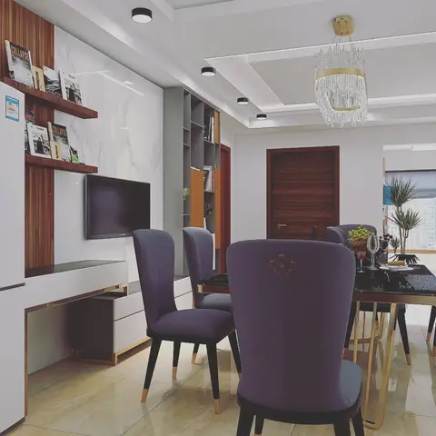 A dining area with plum velvet chairs on brass-tipped legs around a black glass table, beneath a gold-banded crystal chandelier