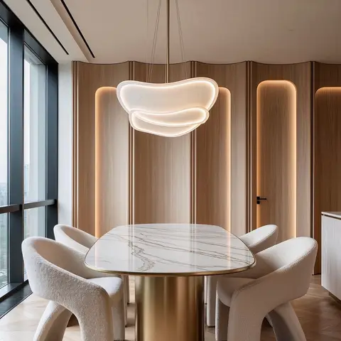 A dining nook with a sculptural cloud-shaped pendant light over a marble table on a brass pedestal, boucle chairs, and a curved wood-panelled wall.
