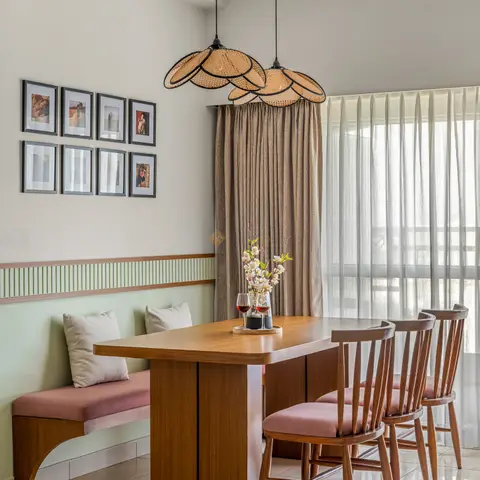 A dining nook with a wood table paired with spindle-back chairs and a built-in bench seat against sage-green wainscoting