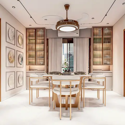 A dining room render with fluted glass display cabinets flanking a table set for a meal, circular framed wall plates on one side