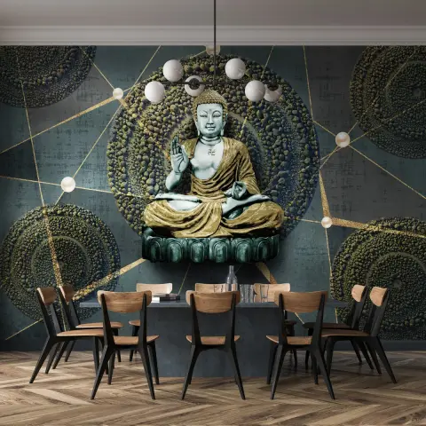 A dining room with a large gold-and-teal Buddha mural wallpaper feature wall behind a dark stone table and angular wood-and-black chairs