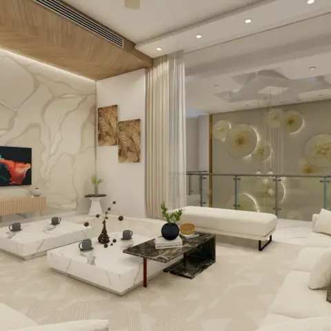 A double-height living room with a wave-veined marble accent wall behind a floating wood TV console, marble nesting coffee tables