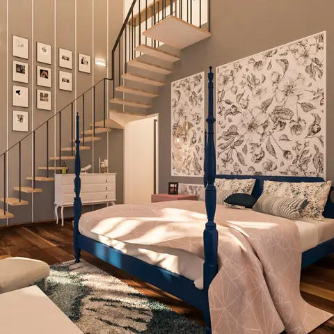 A duplex bedroom with a navy four-poster bed set against black-and-white floral wallpaper panels, pink dressers