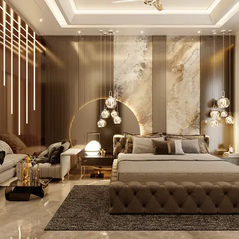 A fluted wood-slat wall with a marble feature panel and clustered globe pendant lights on both sides frames a tufted bed