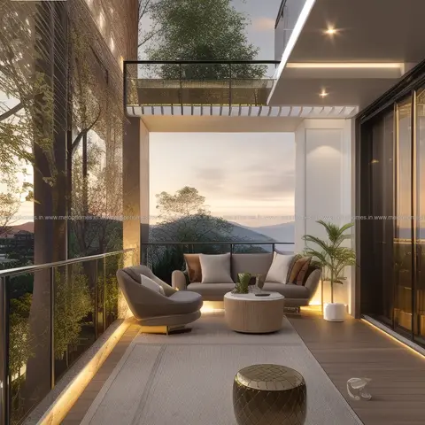 A furnished balcony with a wraparound taupe sofa, round coffee table, and a brass-finish side stool on wood decking overlooking hills at dusk.