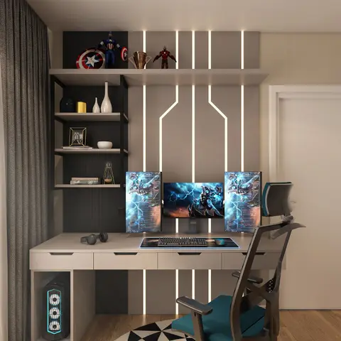 A gaming study desk with a triple-monitor setup and a glowing PC tower, built-in drawers