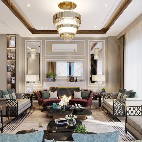 A grand living room render with a marble fireplace surround flanked by full-height mirror panels, a tiered crystal chandelier