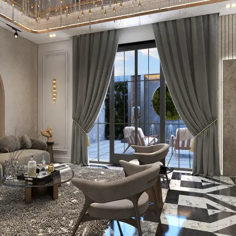 A grey-toned living room with a plaster archway niche, floor-to-ceiling curtained glass doors to a courtyard, and a black-and-white patterned marble floor.