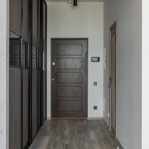 A hallway leading to a panelled dark wood main door with an intercom panel, flanked by a mirrored wardrobe front