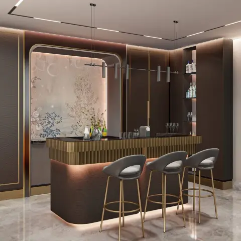 A home bar render with a fluted brass-clad counter, backlit floral wall panel, open bottle display shelving and gold-legged upholstered bar stools