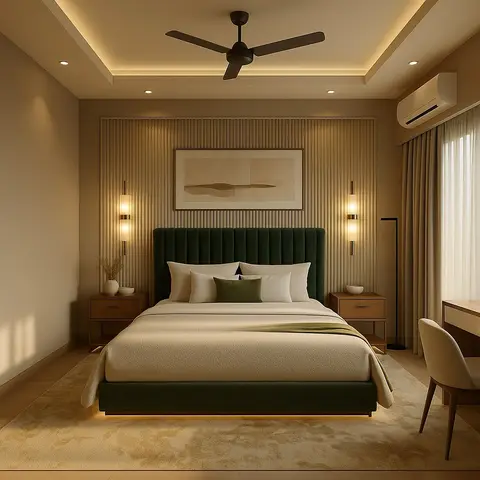 A hotel-style master bedroom with a dark green channel-tufted bed against a fluted wood panel wall, warm wall sconces, a cove-lit ceiling
