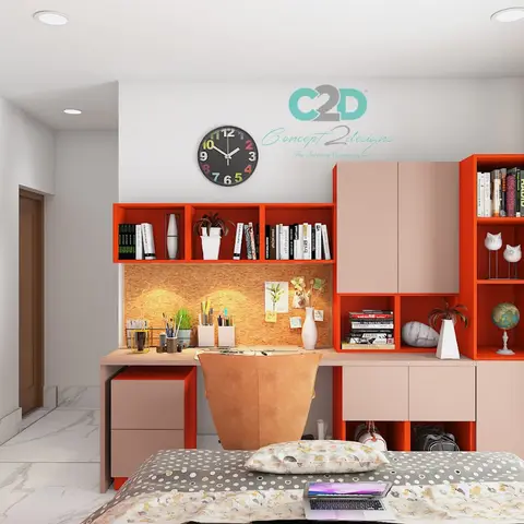 A kids' bedroom with an orange-and-peach modular wardrobe, an open shelving-and-study desk unit above a bed with grey polka-dot bedding