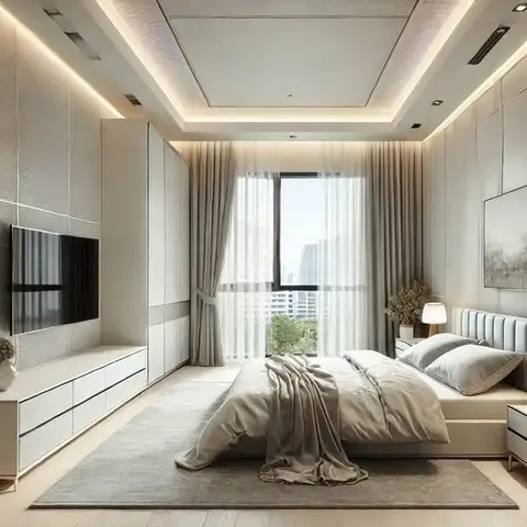 A large bedroom with a fluted-panel wardrobe and TV wall, cove-lit stepped false ceiling