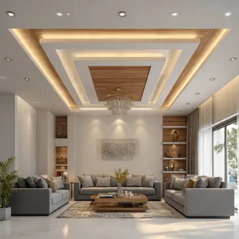 A large living room with a stepped wood-inlaid cove-lit false ceiling and crystal chandelier above a U-shaped grey sofa arrangement