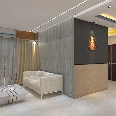 A living area with a wood-slat partition wall, a decorative Buddha-face wall art panel and a patterned white sofa beside a geometric marble coffee table.