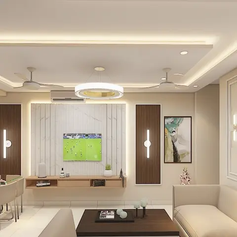 A living-dining render with a carved white jaali screen partitioning the dining table, a fluted-wood-and-marble TV feature wall