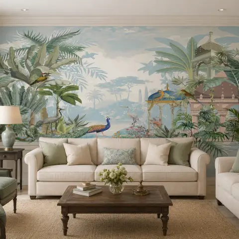 A living room anchored by a large scenic tropical-garden mural wallpaper with peacocks, paired with cream sofas and a green wingback armchair.