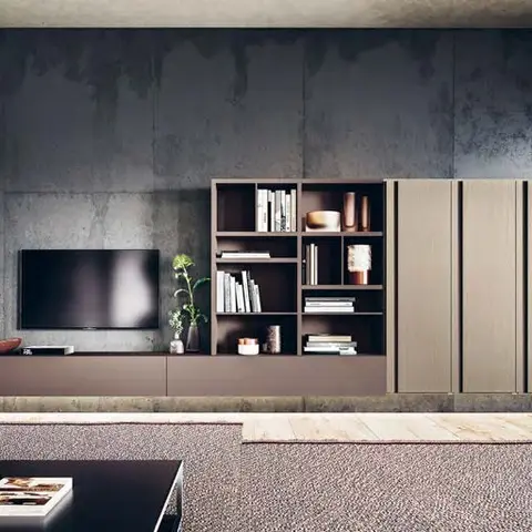 A living room feature wall pairing a raw concrete-textured panel with a walnut-brown floating TV console, open bookshelf, and tall wardrobe storage tower.