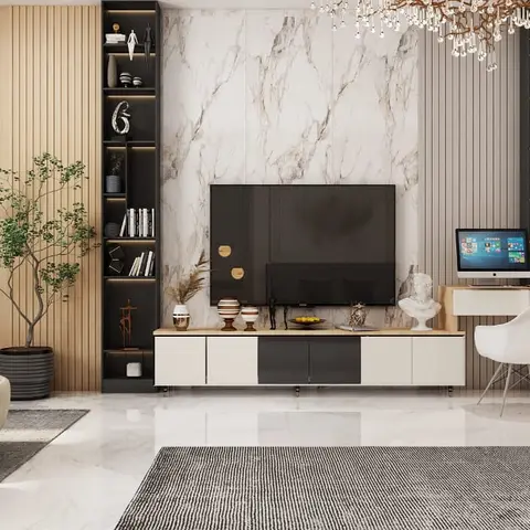 A living room render with a book-matched marble TV wall flanked by black-and-wood display shelving, a built-in study desk to one side