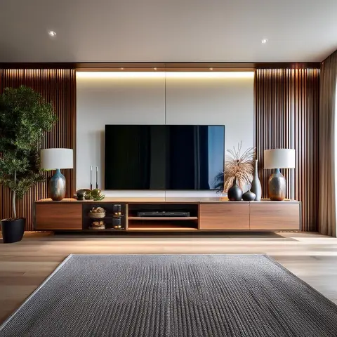 A living room TV wall with vertical fluted wood slat panelling and backlit niche behind a floating wood-veneer console styled with lamps
