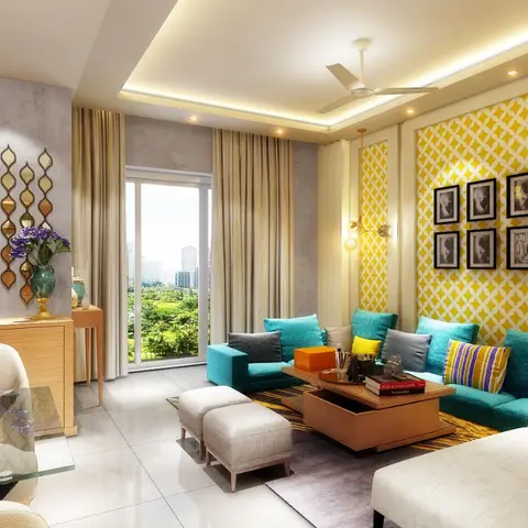 A living room with a bold yellow trellis-pattern accent wall hung with a six-frame gallery, a diamond mirror cluster on the opposite wall