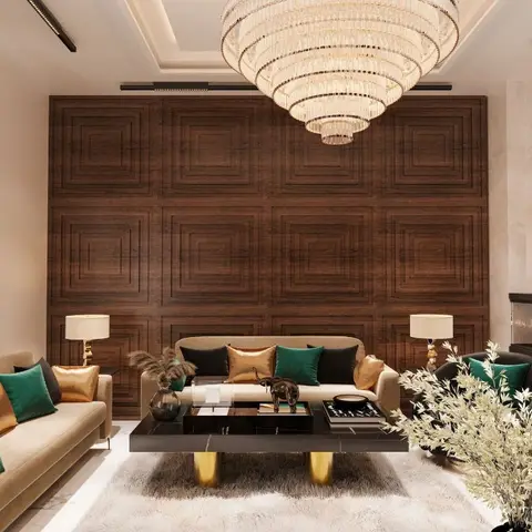 A living room with a carved dark-wood panelled feature wall, an oversized crystal tiered chandelier