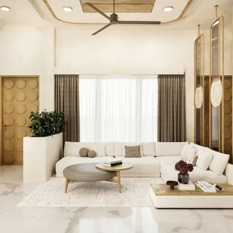 A living room with a cream L-shaped sofa, round coffee tables, a circular-disc textured main door, and hanging mirror-light panels beside the window.