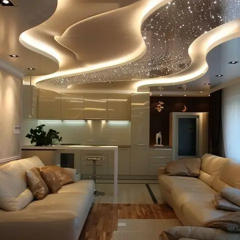A living room with a dramatic swooping false ceiling featuring fibre-optic star lighting over cream leather sofas, and an open kitchen counter visible behind.