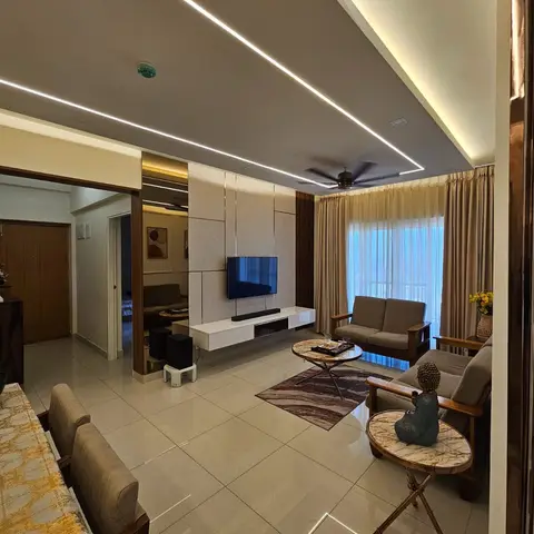A living room with a floating white TV console on a marble-and-wood-veneer feature wall, under a dramatic linear-lit POP false ceiling with a ceiling fan