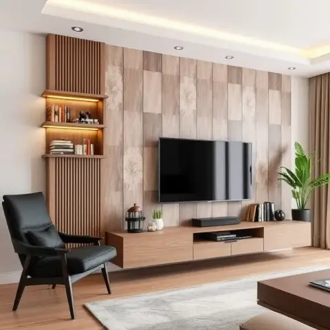 A living room with a fluted wood-panel feature wall, a floating TV console, and a lit display shelf beside a black leather accent chair.