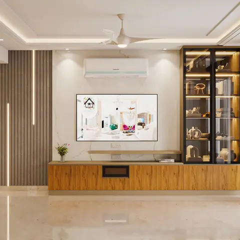 A living room with a fluted grey accent wall, a warm wood-toned floating TV console, and a black-framed glass display cabinet with shelf lighting.