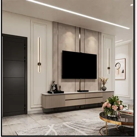 A living room with a fluted floating TV console beneath a paneled TV wall lit by vertical strip lights
