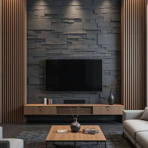 A living room with a rough-stone-clad TV wall flanked by fluted wood panels, a floating wood console, and a dark charcoal rug beneath a wood coffee table.