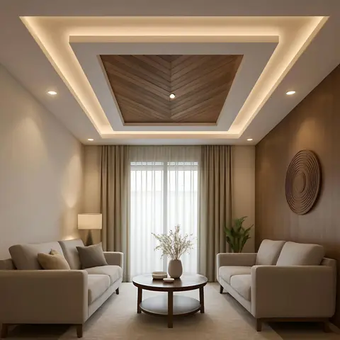 A living room with a stepped cove-lit ceiling holding a chevron-pattern wood panel inset