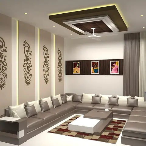 A living room with a U-shaped brown leather sectional sofa, a backlit beige wall with vertical floral motif appliques