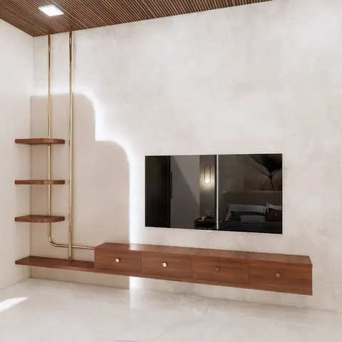 A living room with an arched wood-framed window seat, a textured stone accent wall behind a floating TV console, and brass-pipe open shelving.
