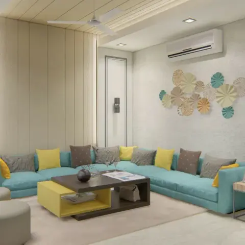 A living room with an L-shaped teal sofa accented by mustard cushions, a wood-slat ceiling strip