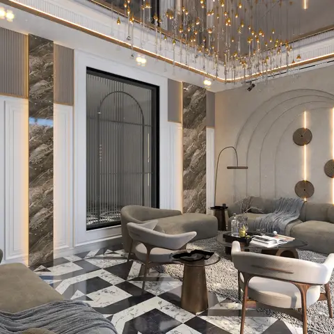 A living room with book-matched marble wall panelling, an arched light niche with woven disc wall art, a crystal drop chandelier