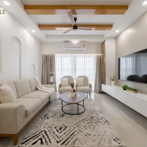 A living room with exposed wood beam ceiling detailing, arched recessed wall mouldings