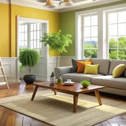 A living room with mustard-yellow and olive two-tone walls, a herringbone wood floor, a grey sofa with mustard and orange cushions