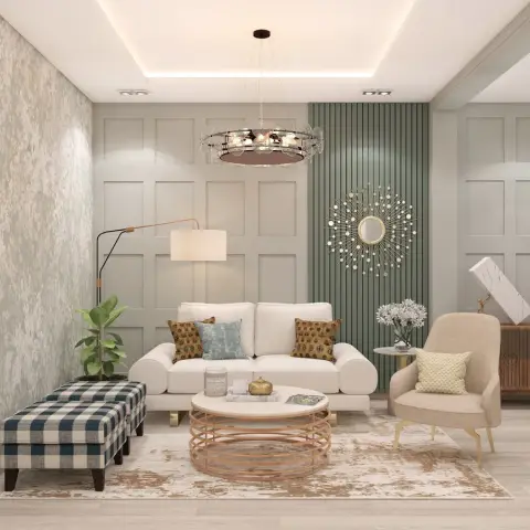 A living room with raised wall-panel mouldings, a fluted sage-green accent strip framing a sunburst mirror