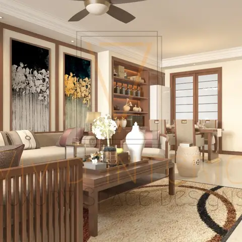A living room with slatted wood-back sofas in mauve tones, a triptych of gold floral wall art, and a wood display cabinet, opening to a dining area beyond.