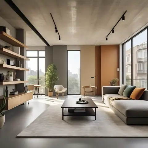 A living room with terracotta and grey block-painted walls, an exposed concrete ceiling with track lighting, a grey sectional sofa and floating wood bookshelf