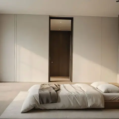A low platform bed with an oak side ledge instead of a nightstand sits on a pale rug in a near-empty bedroom