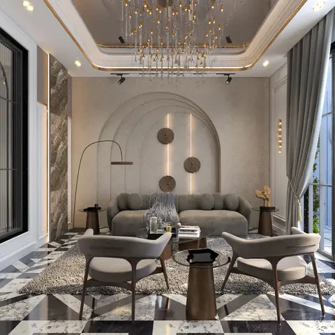 A luxury living room with a black-and-white checkerboard marble floor, an arched moulded feature wall lit with vertical LED strips