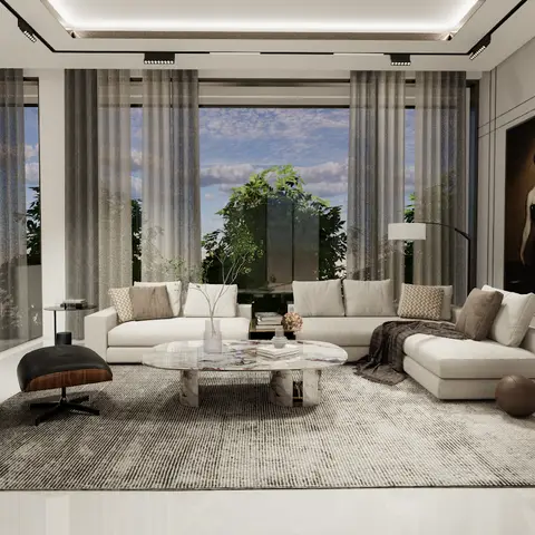 A luxury living room with floor-to-ceiling glazing behind sheer curtains, cream sofas around an oval marble coffee table