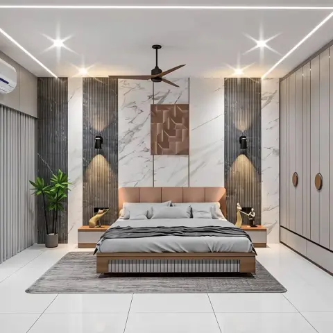 A luxury master bedroom with a book-matched marble and fluted-panel feature wall, a tan leather-upholstered bed, matching floating nightstands